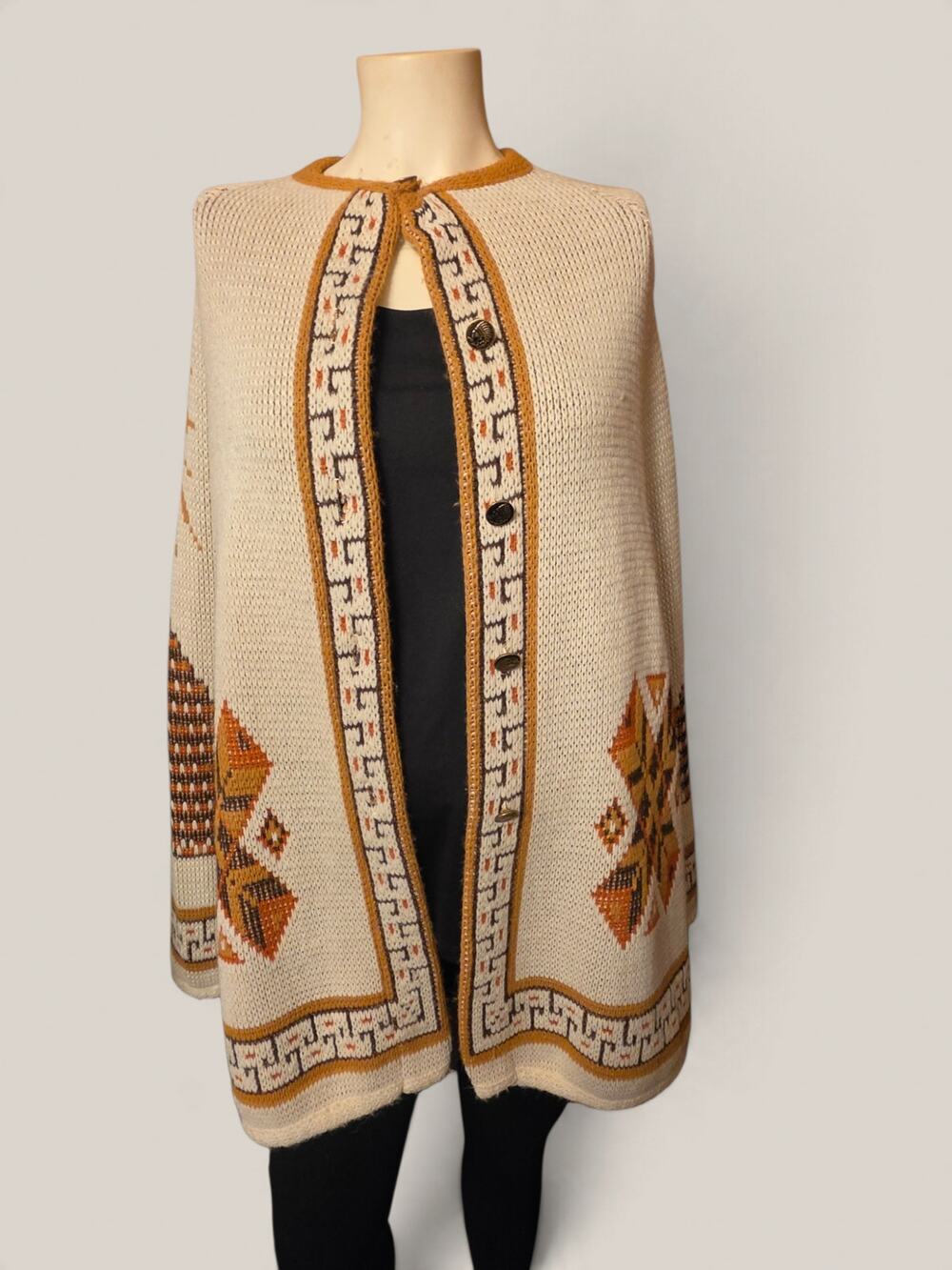 Vintage 1970s Sears Knit Cape Poncho Sunburst Pyramid Geometric Acrylic Boho